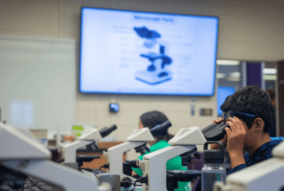 Students using microscopes in a science classroom with a digital display.